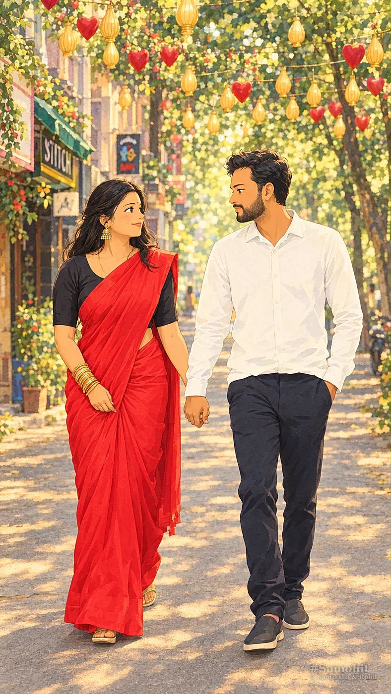 Samiksha in a red saree and Rohit in a white shirt, walking hand in hand down a sunlit street strung with heart and lantern decorations